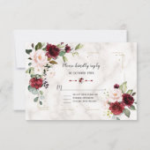 Burgundy Blush Bloral Gold Glitzer Marmorhochzeit RSVP Karte (Rückseite)