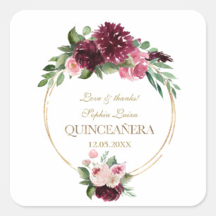 Burgundy Blush Bloral Gold Mis Quince Quinceañera Quadratischer Aufkleber