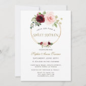 Burgundy Blush Bloral Gold Sweet 16 Einladung (Vorderseite)