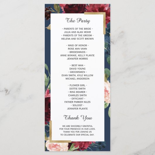 Burgundy Blush Bloral Navy Blue Wedding Program Programm (Rückseite)