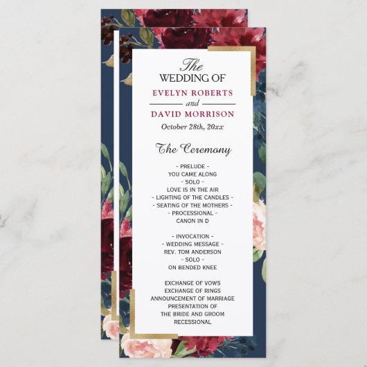 Burgundy Blush Bloral Navy Blue Wedding Program Programm (Vorne/Hinten)