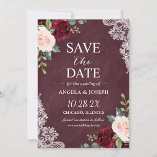 Burgundy Blush Bloral Schöne weiße Spitzen Hochzei Save The Date