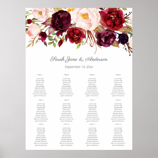 Burgundy Blush Bloral Seating Chart 12 Weiß Poster (Vorne)