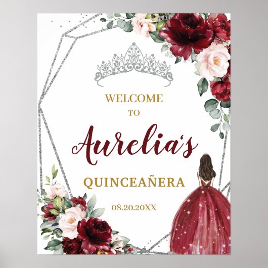 Burgundy Blush Bloral Silver Quinceañera Willkomme Poster (Vorne)