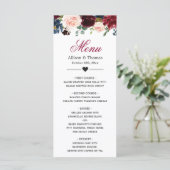 Burgundy Blush Blue Blom Floral Wedding Menu Menükarte (Stehend Vorderseite)