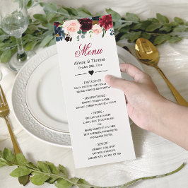 Burgundy Blush Blue Blom Floral Wedding Menu Menükarte