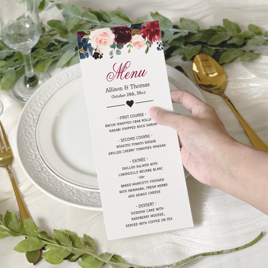 Burgundy Blush Blue Blom Floral Wedding Menu Menükarte