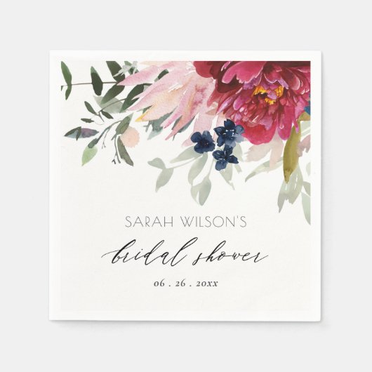 Burgundy Blush Blue Floral Bunch Brautparty Serviette (Vorderseite)