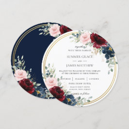 Burgundy Blush Blue Floral Gold Circle Wedding Einladung