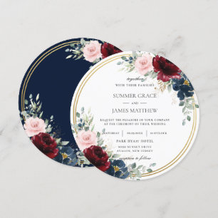 Burgundy Blush Blue Floral Gold Circle Wedding Einladung