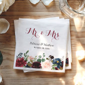 Burgundy Blush Blue Floral Mr. and Mrs. Wedding Serviette