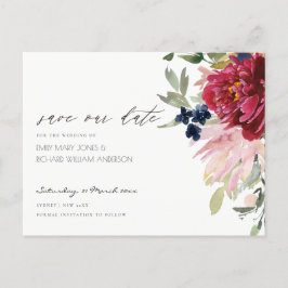 Burgundy Blush Blue Floral Wedding Save the Date Postkarte