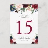 Burgundy Blush Blue Floral Wedding Tischnummern (Vorderseite)