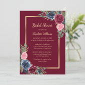 Burgundy Blush Blue Gold Floral Brautparty Einladung (Stehend Vorderseite)