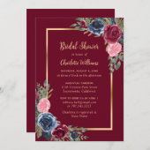 Burgundy Blush Blue Gold Floral Brautparty Einladung (Vorne/Hinten)