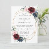 Burgundy Blush Blue Rose Bloral Geometric Wedding Einladung (Stehend Vorderseite)
