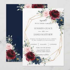 Burgundy Blush Blue Rose Bloral Geometric Wedding Einladung