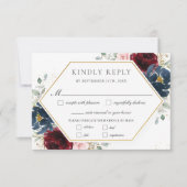Burgundy Blush Blues Blumengrün Hochzeitsessen RSVP Karte (Vorderseite)