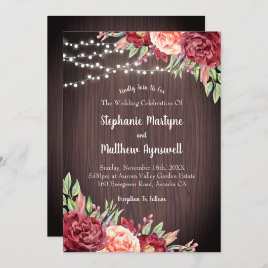 Burgundy Blush Blues String Lights Hochzeit Einladung (Vorne/Hinten)