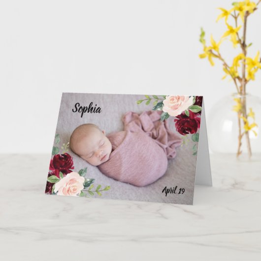Burgundy Blush Blume Baby Girl Junge Foto Neugebor Karte (Gelbe Blume)