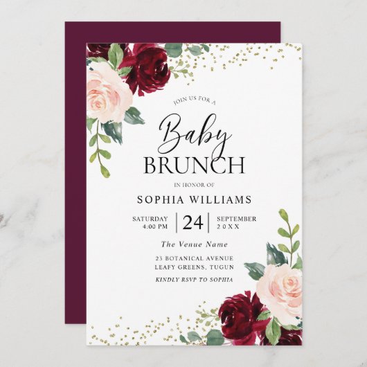 Burgundy & Blush Blume Babydusche Brunch Einladung (Vorne/Hinten)