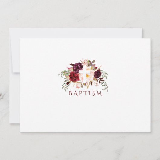 Burgundy Blush Blume Cross Foto Taufe Einladung (Rückseite)