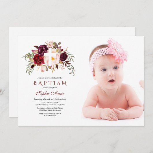 Burgundy Blush Blume Cross Foto Taufe Einladung (Vorne/Hinten)