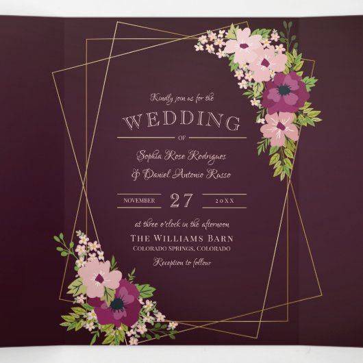 Burgundy & Blush Blume Geometrische Hochzeit Dreifach Gefaltete Einladung (Innenseite Mitte)