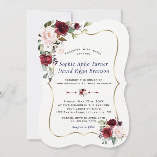 Burgundy Blush Blume Gold Frame Wedding Einladung (Vorderseite)