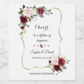 Burgundy Blush Blume Gold Frame Wedding Weinetikett (Einzelnes Label)