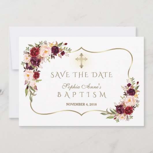 Burgundy Blush Blume Gold Girl Baptisse Save The Date (Vorderseite)