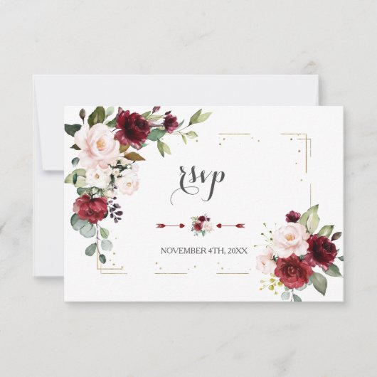 Burgundy Blush Blume Gold Glitzer Frame Wedding RSVP Karte (Vorderseite)