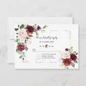 Burgundy Blush Blume Gold Glitzer Frame Wedding RSVP Karte (Rückseite)