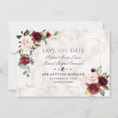 Burgundy Blush Blume Gold Glitzer Marmorhochzeit Save The Date (Vorderseite)