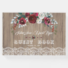 Burgundy Blush Blume Lace Wood Wedding Gästebuch