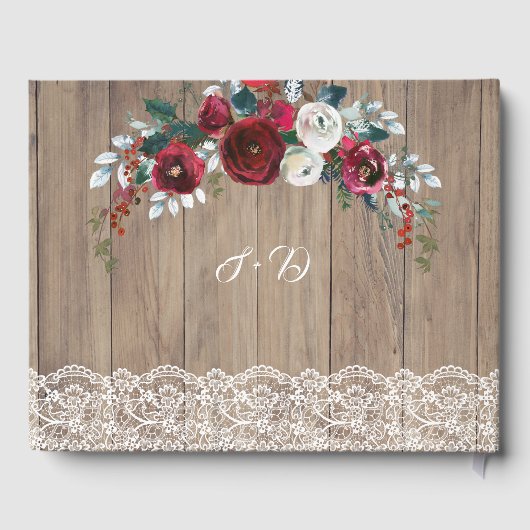 Burgundy Blush Blume Lace Wood Wedding Gästebuch (Rückseite)