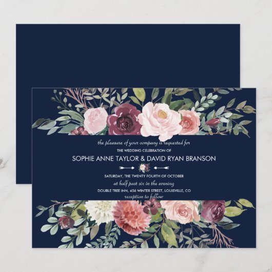 Burgundy Blush Blume Navy Blue Wedding Einladung (Vorne/Hinten)