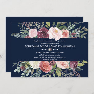 Burgundy Blush Blume Navy Blue Wedding Einladung