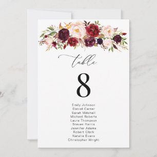 Burgundy Blush Blume Tischnummer Seekarte