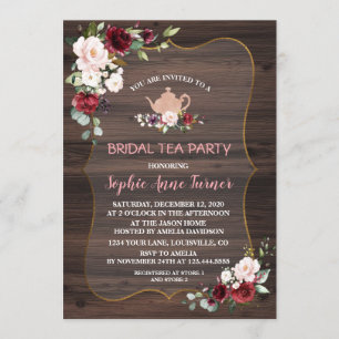 Burgundy Blush Blume Wood Bridal Tee Party Einladung