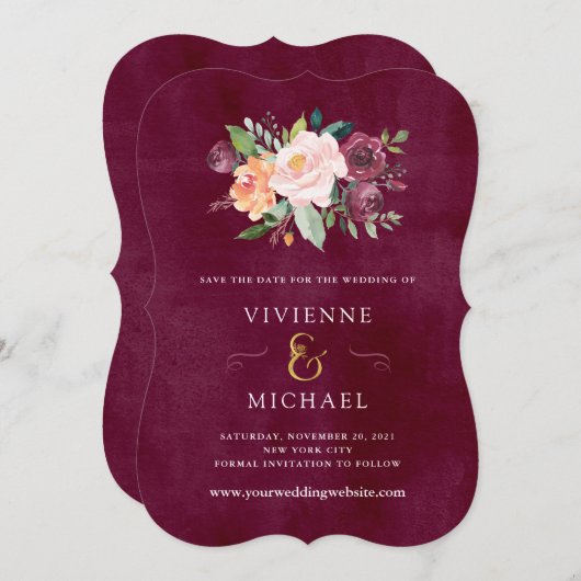 Burgundy Blush | Blumenhochzeit Datum speichern Save The Date (Vorne/Hinten)