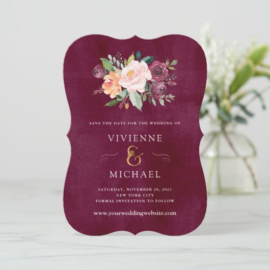 Burgundy Blush | Blumenhochzeit Datum speichern Save The Date (Stehend Vorderseite)