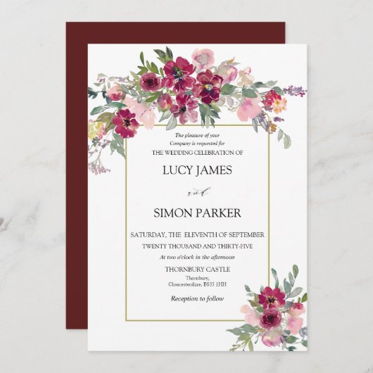 Burgundy Blush Blumenstrauß mit Goldrahmen Einladung (Vorne/Hinten)