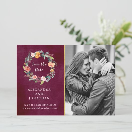 Burgundy Blush | Blütengold mit Foto Save The Date (Stehend Vorderseite)