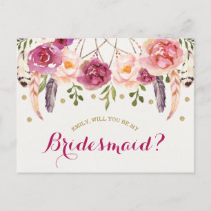 Burgundy Blush Boho Floral Be My Bridesmaid Card Postkarte