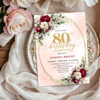 Burgundy Blush Boho Garden 80th Birthday Invites Einladung