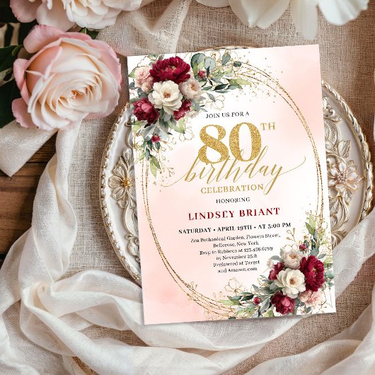 Burgundy Blush Boho Garden 80th Birthday Invites Einladung