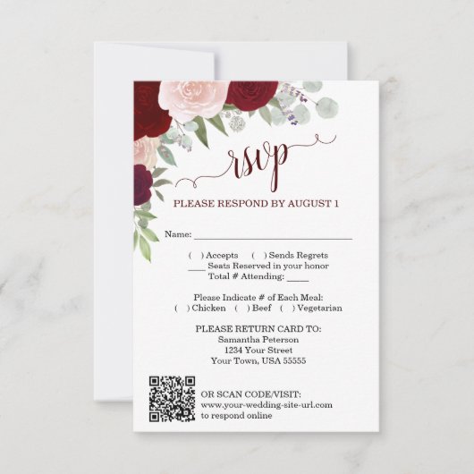 Burgundy Blush Boho Roses Wedding QR Code RSVP Einladung (Vorderseite)