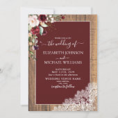 Burgundy Blush Botanical Wood Script Foto Wedding Einladung (Vorderseite)