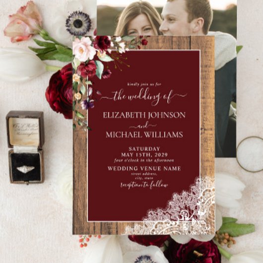 Burgundy Blush Botanical Wood Script Foto Wedding Einladung